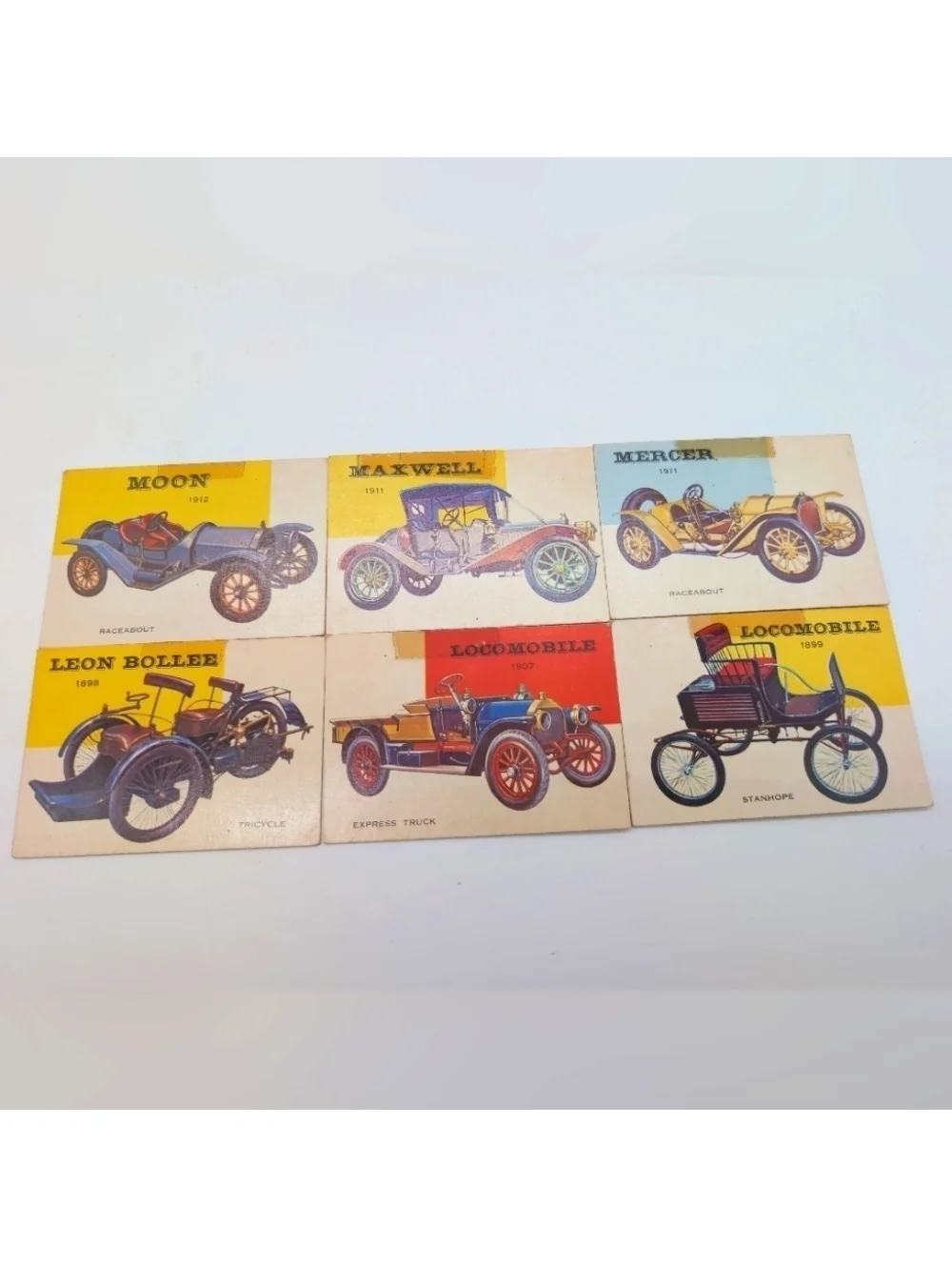 1954 Topps Card Set Of 6 Locomobile, Moon, Maxwell, Mercer, Leon Bollee